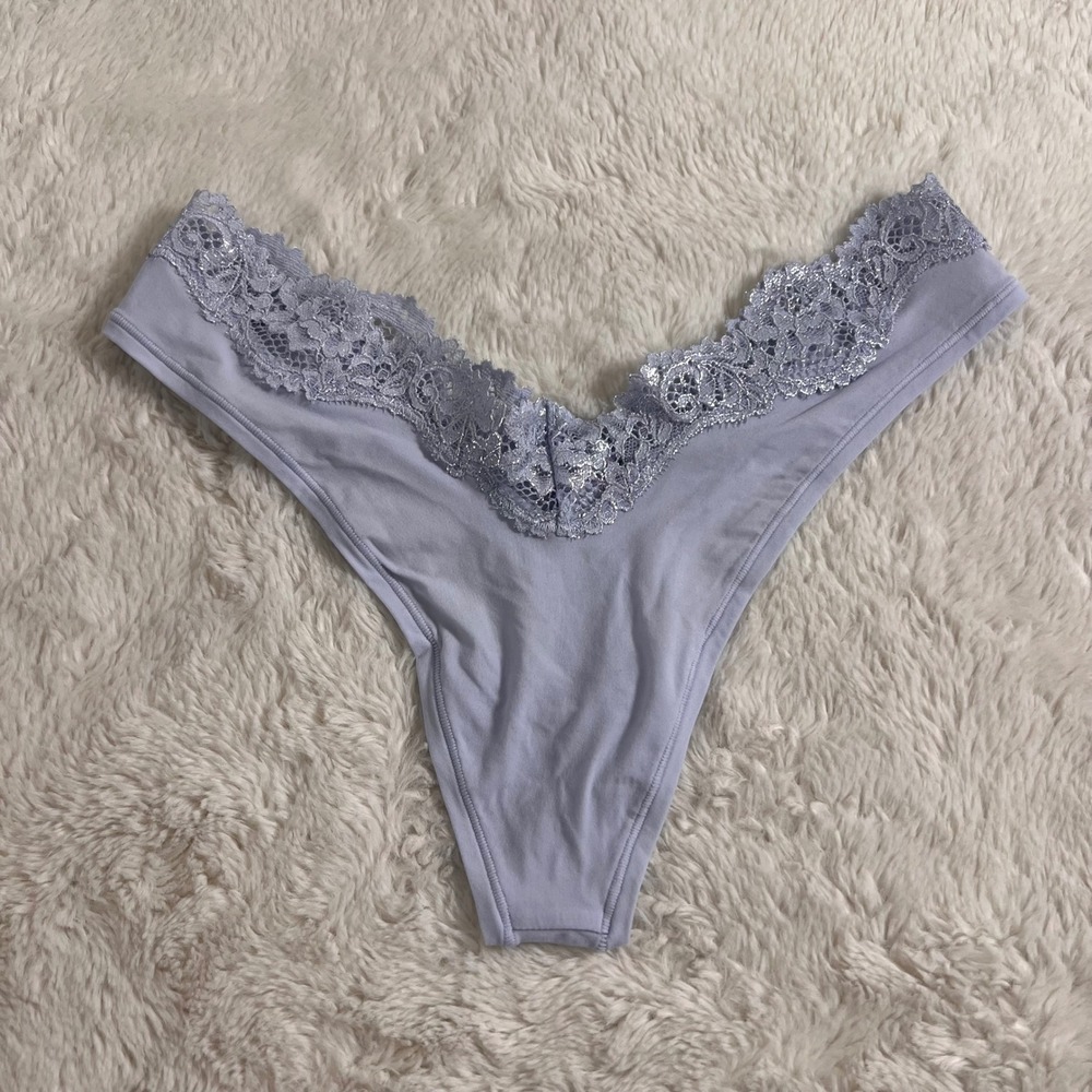 SKIMS Stretch Cotton Lace Thong Periwinkle Blue Metallic Trim THTHG-10332W S New
